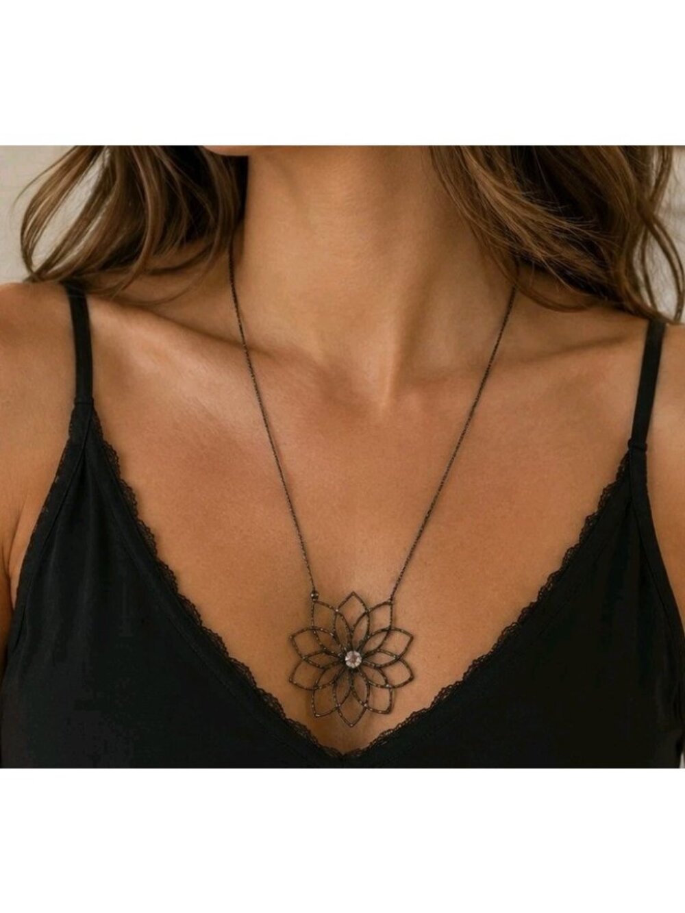 2.25" Open Black Flower Necklace with Crystal 14"-16"
